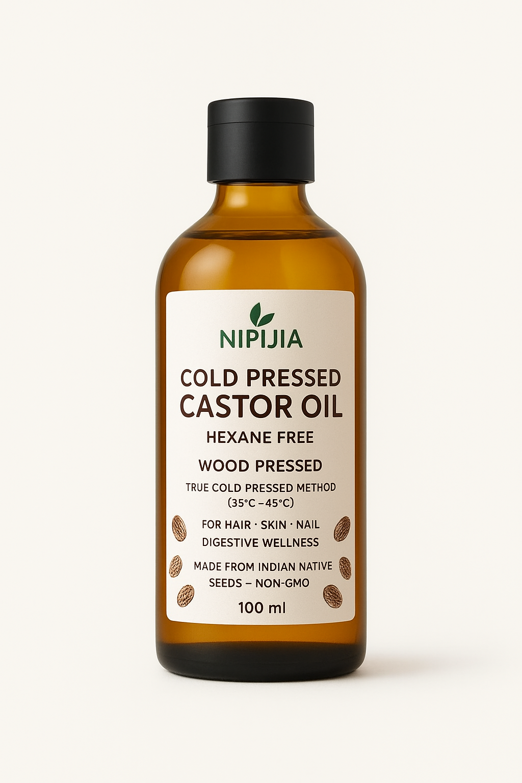 Nipijia Cold Pressed Castor Oil – 100% Pure & Natural | Hexane-Free | Wood Pressed | For Hair Growth, Skin & Nails | Glass Bottle (500ml)